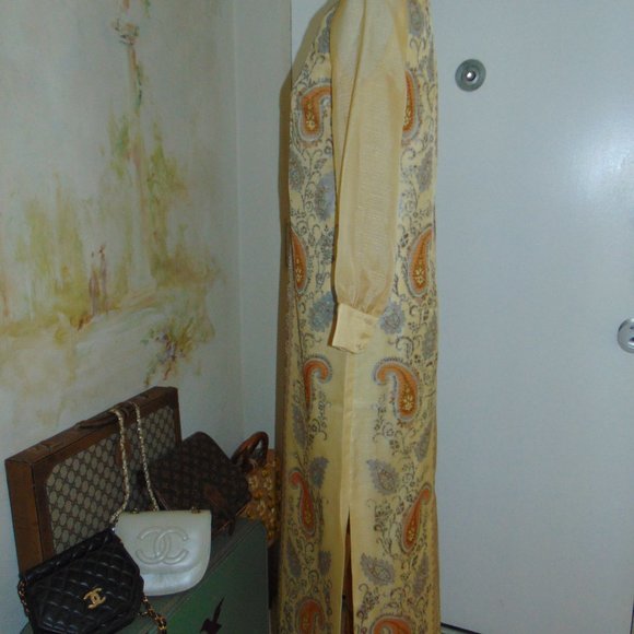 Vintage 60s 70s Alfred Shaheen Kaftan Long Sleeve Yellow Hawaiian Maxi Dress 10 - Picture 7 of 15